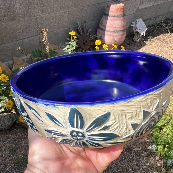 Blue and White Carved Floral Pottery Bowl Handmade - Picture 3 of 8